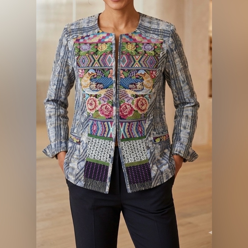 Milagros Multicolor Women's Jacket, hand made embroidery,100% cotton, Med
